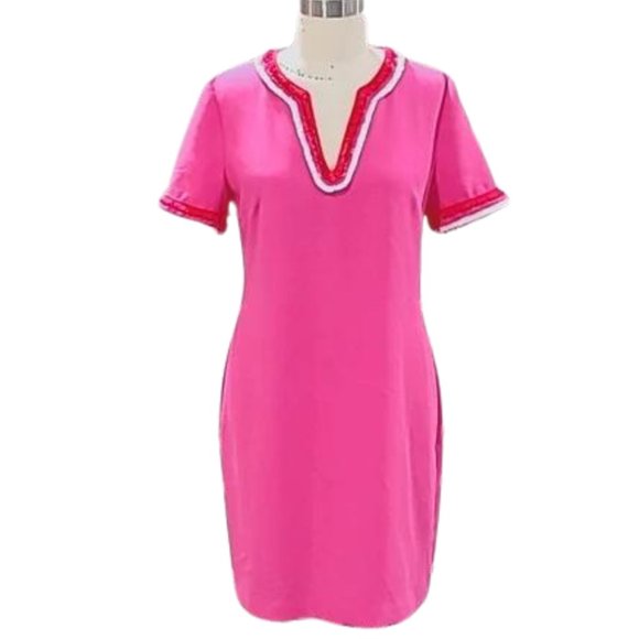 $299 New Trina Turk Pink Short Sleeve V-Neck Shift Dress Size 6 - Picture 1 of 5